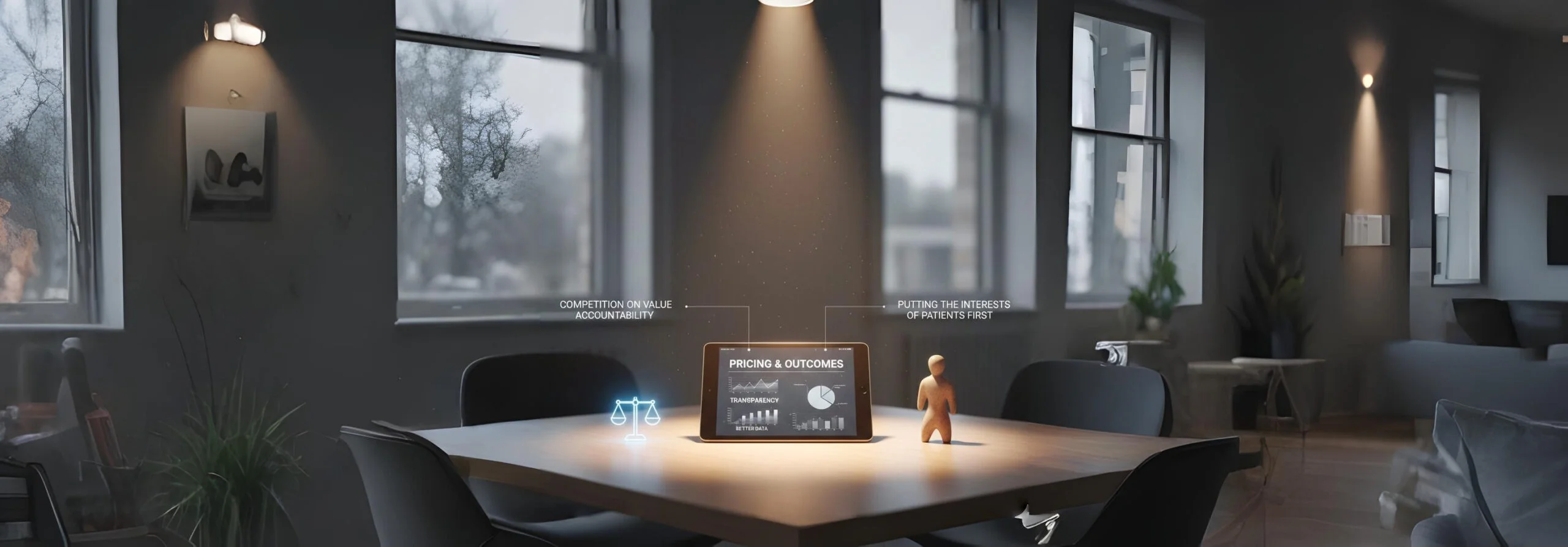 A minimalist desk setup featuring three symbolic objects: a small scale representing competition on value, a document displaying 'Pricing & Outcomes' for transparency, and a figure representing the patient, emphasizing the need for market reform in healthcare.