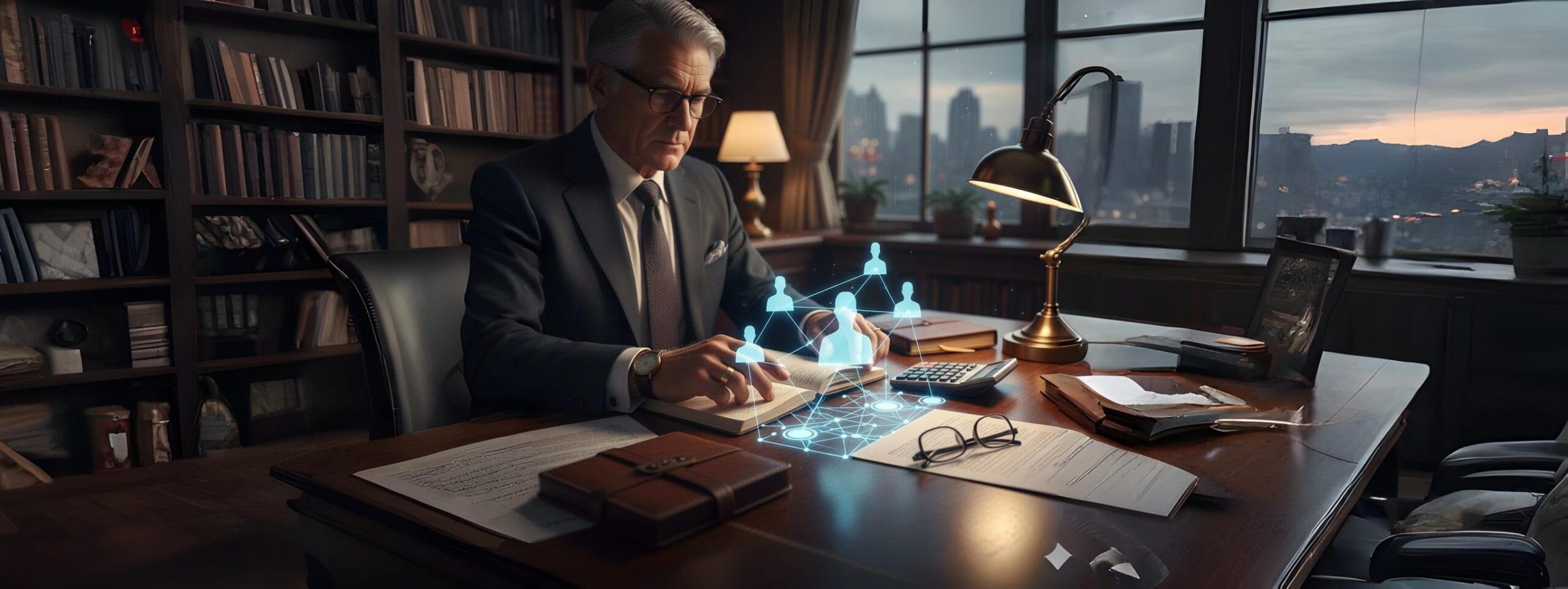 Experienced entrepreneur with glasses examining documents on a classic desk, surrounded by a glowing digital network of business contacts and a calculator, symbolizing the strategic advantages of age, accumulated experience, and financial wisdom in entrepreneurship.