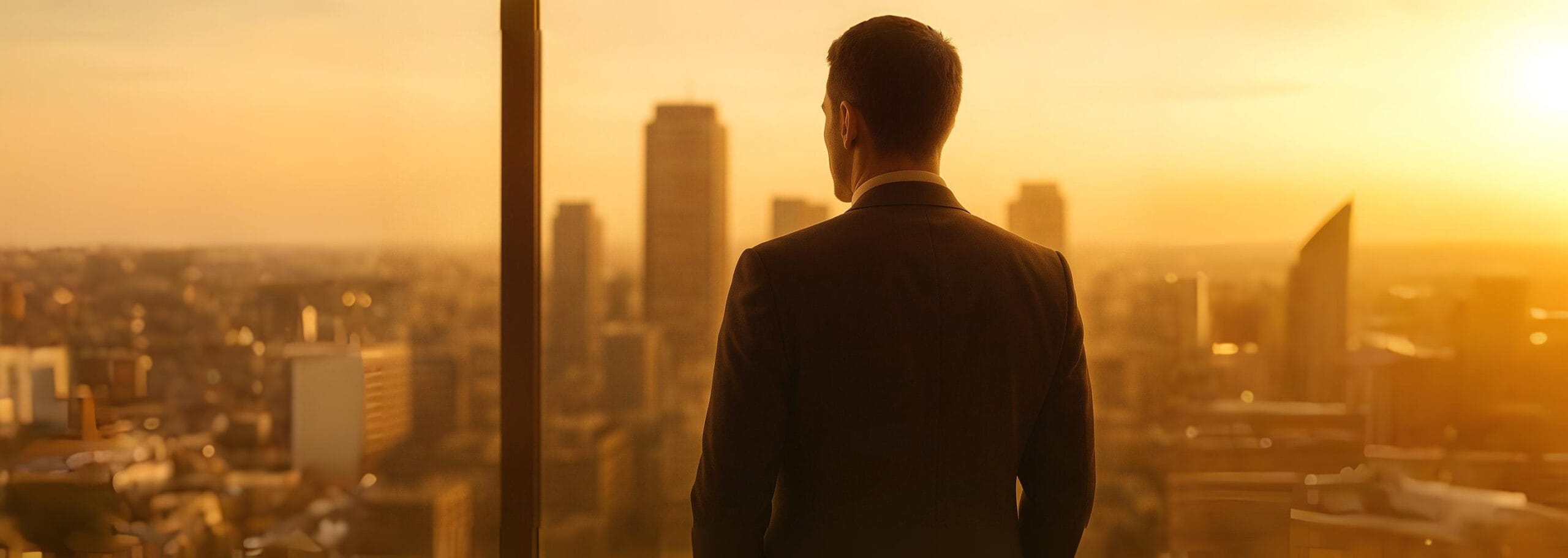 Businessman in a suit looking out at the city skyline during golden sunset, symbolizing transition from employee to business owner.