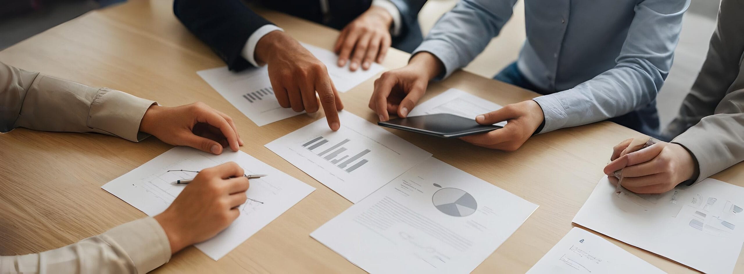 Hands reviewing charts and planning complementary team skills during a business meeting