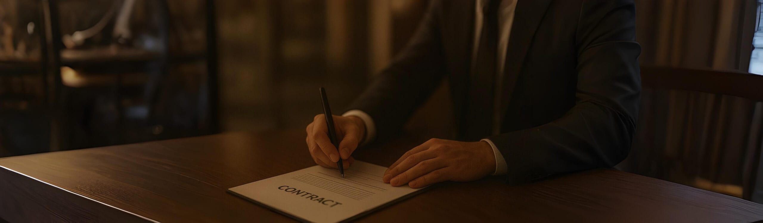 Close-up of a businessman in a dark suit signing a formal document labeled "Contract" on a polished wooden desk, emphasizing the finalization of a business agreement.