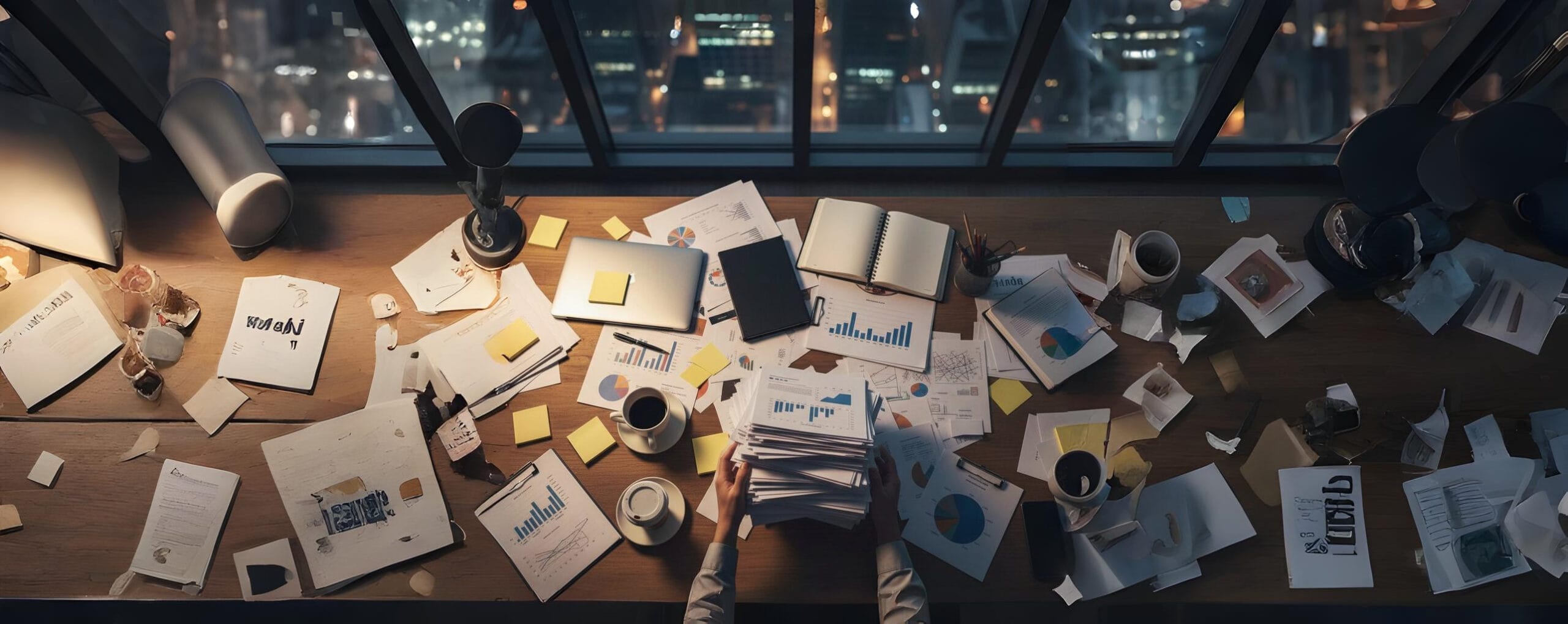Overhead view of a cluttered entrepreneur's desk with scattered papers and documents, showing a hand beginning to organize the mess, symbolizing the process of breaking bad habits and recovering productivity.