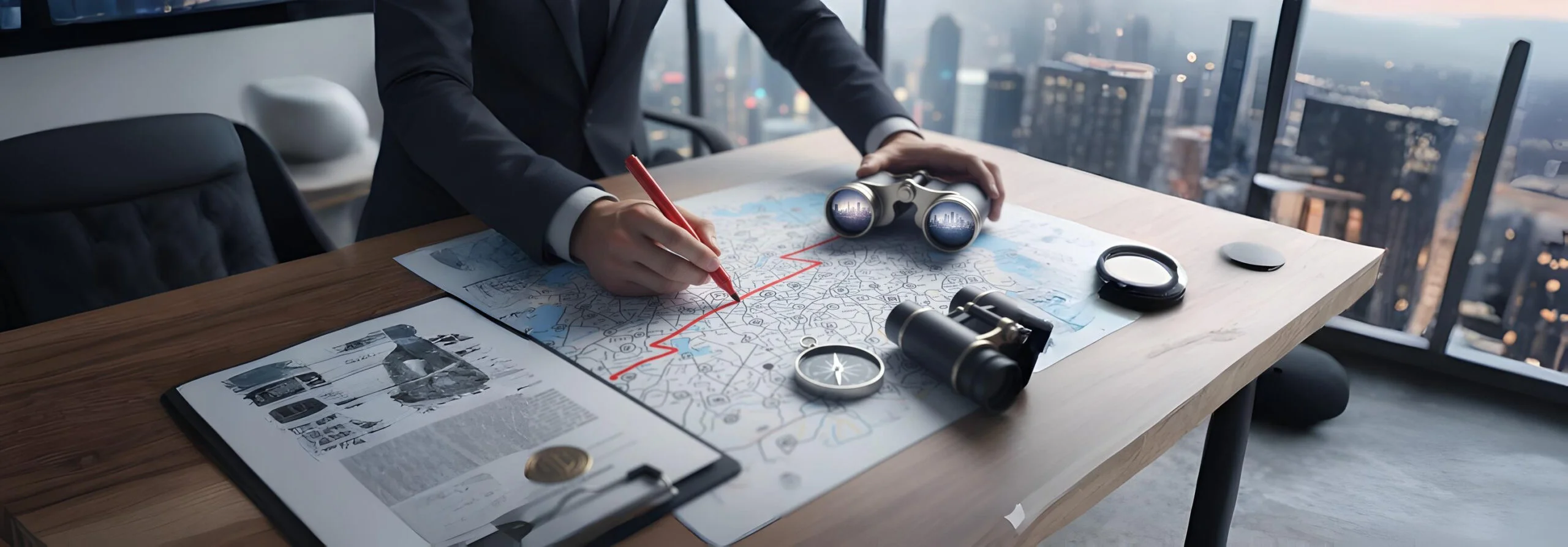 Entrepreneur's hands drawing a clear path on a strategic map with a compass and binoculars, symbolizing the importance of setting clear goals, strategic planning, and learning from experience to achieve business objectives.