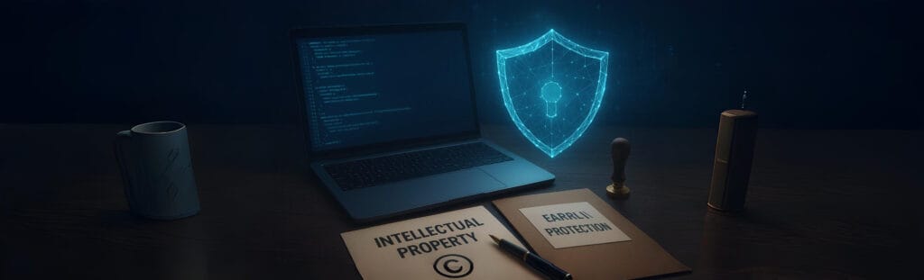 A laptop displaying digital code beside confidential intellectual property documents and a glowing holographic security shield, symbolizing data protection and cybersecurity in the digital era.