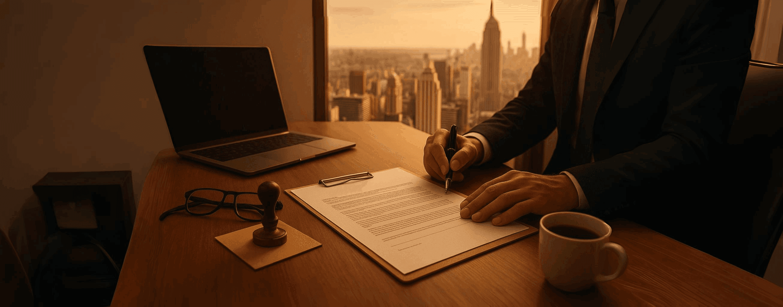 Attorney’s desk with legal documents, pen, and laptop in a warm brown and gold setting, representing business formation guidance in New York.