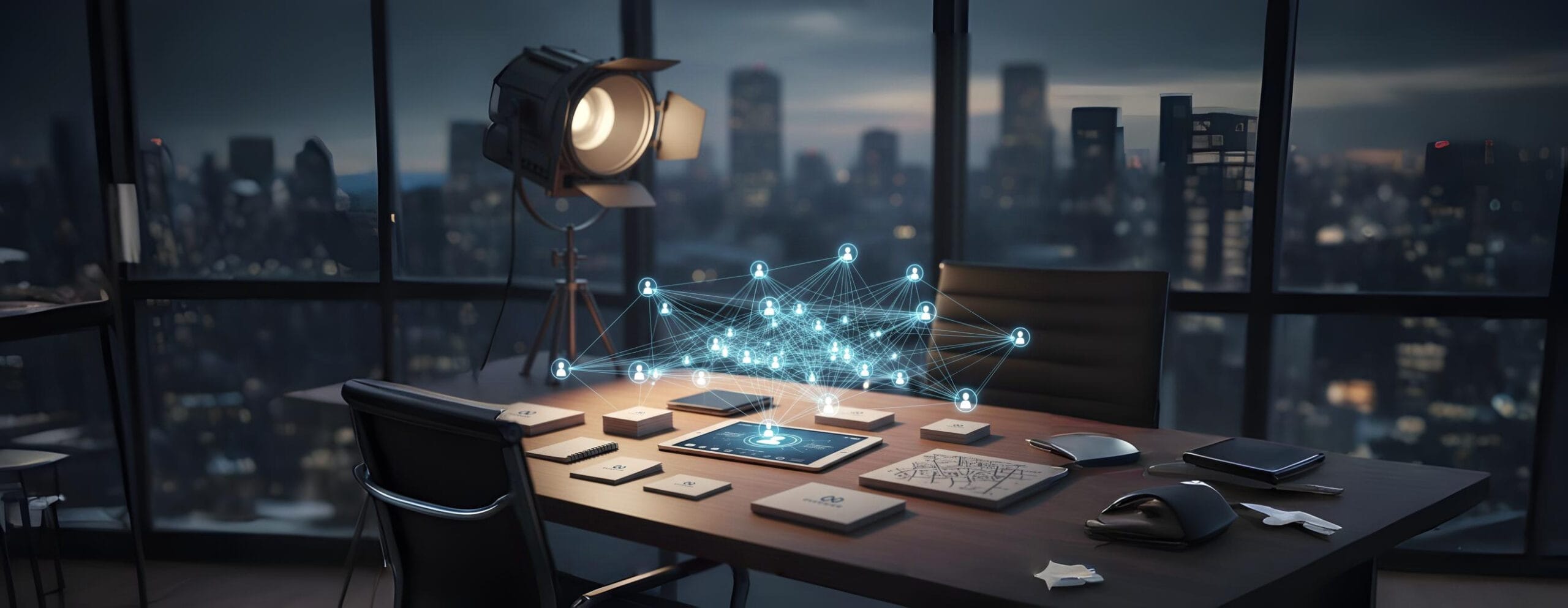 Desk showing a connected network of affordable marketing tools like business cards and a social media screen, contrasting with a large, unused spotlight, symbolizing smart strategy for building a healthy client base and avoiding expensive, ineffective advertising.