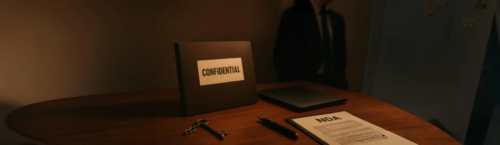 A confidential folder, key, pen, and NDA document on a wooden desk under warm lighting, symbolizing the protection of a company’s trade secrets and sensitive business information.