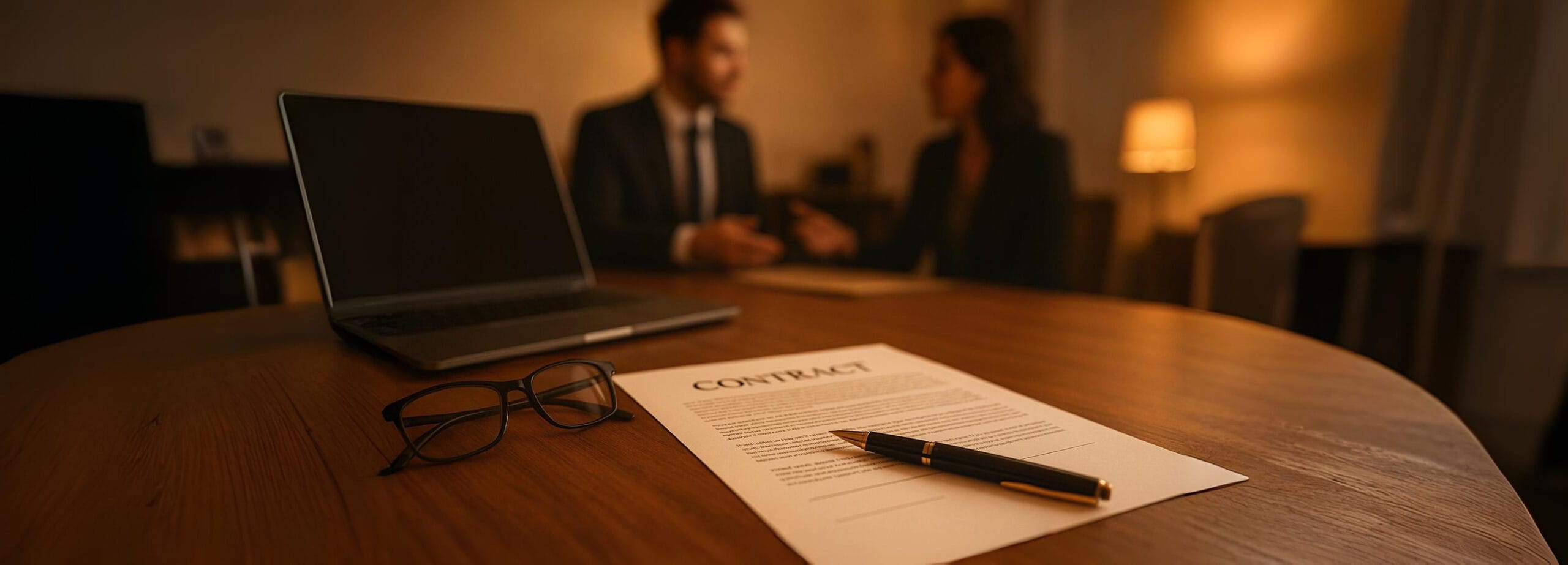 Business contract on a desk with pen and laptop, symbolizing legal guidance and avoiding mistakes when starting a business