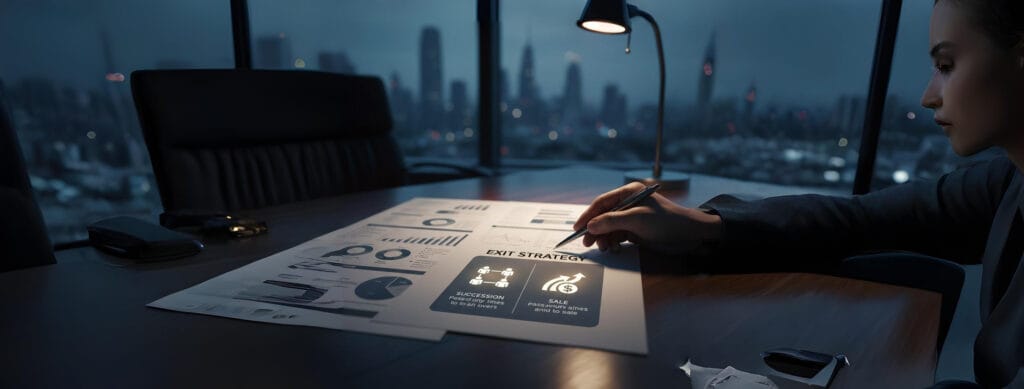 Close-up of an entrepreneur's hand writing on a business plan, specifically highlighting an 'Exit Strategy' section with options for succession or sale, symbolizing the importance of making early, informed decisions about a company's long-term future.