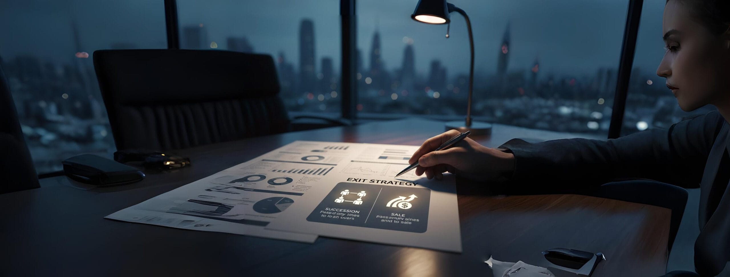 Close-up of an entrepreneur's hand writing on a business plan, specifically highlighting an 'Exit Strategy' section with options for succession or sale, symbolizing the importance of making early, informed decisions about a company's long-term future.