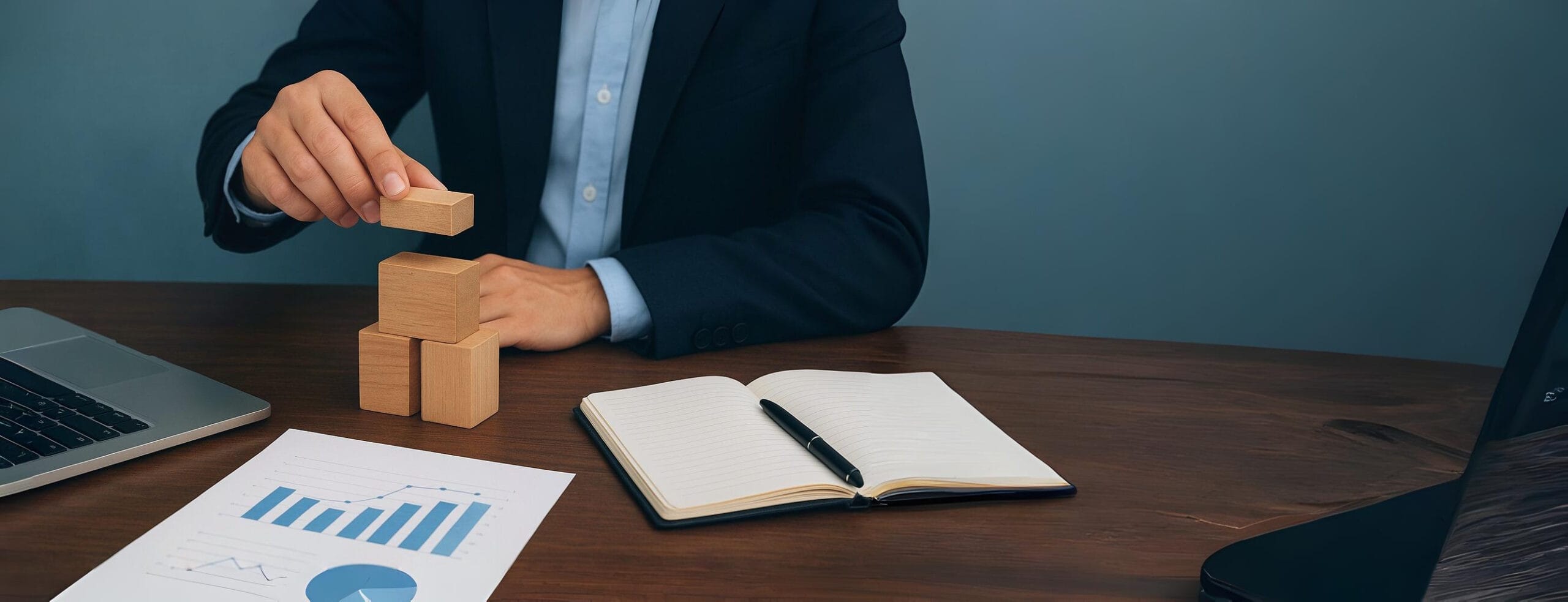 Business professional building a wooden block tower on a desk with laptop, notebook, and financial charts, symbolizing building a strong business foundation.