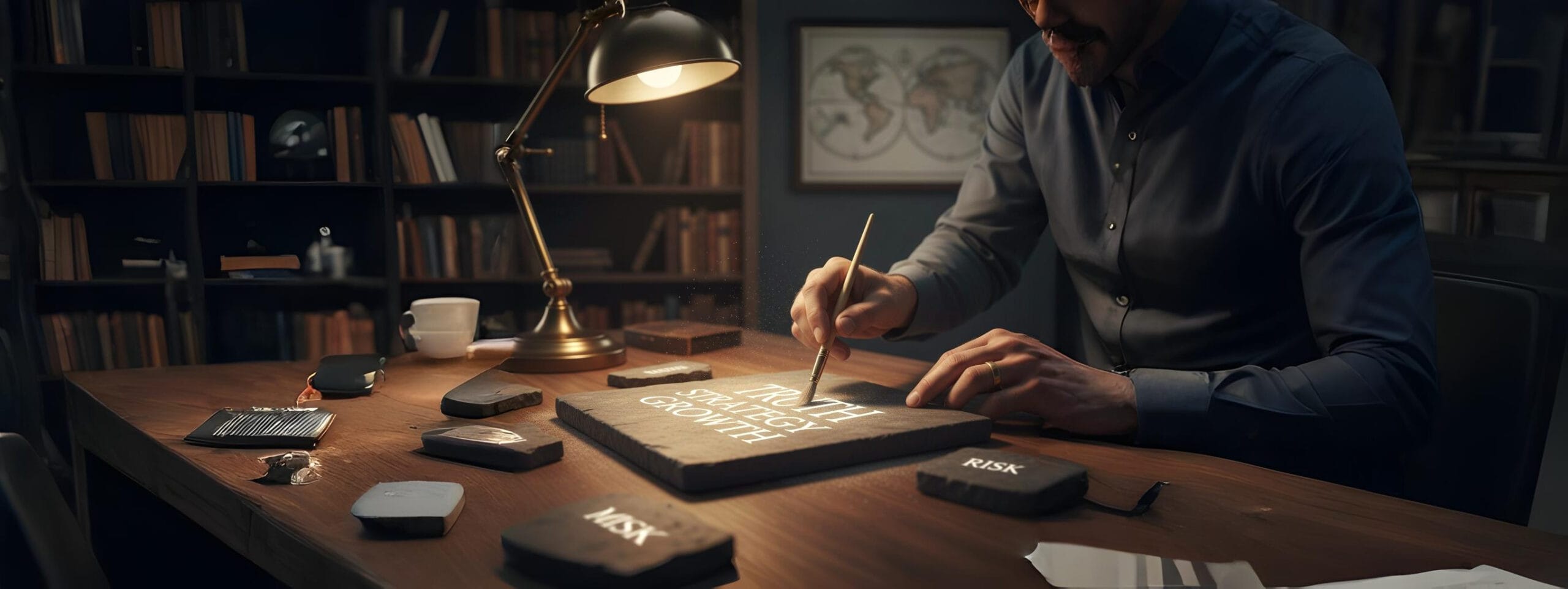 Entrepreneur carefully brushing away misconceptions to reveal foundational business truths engraved on stone, symbolizing the process of knowing the myths and making informed, strategic decisions.