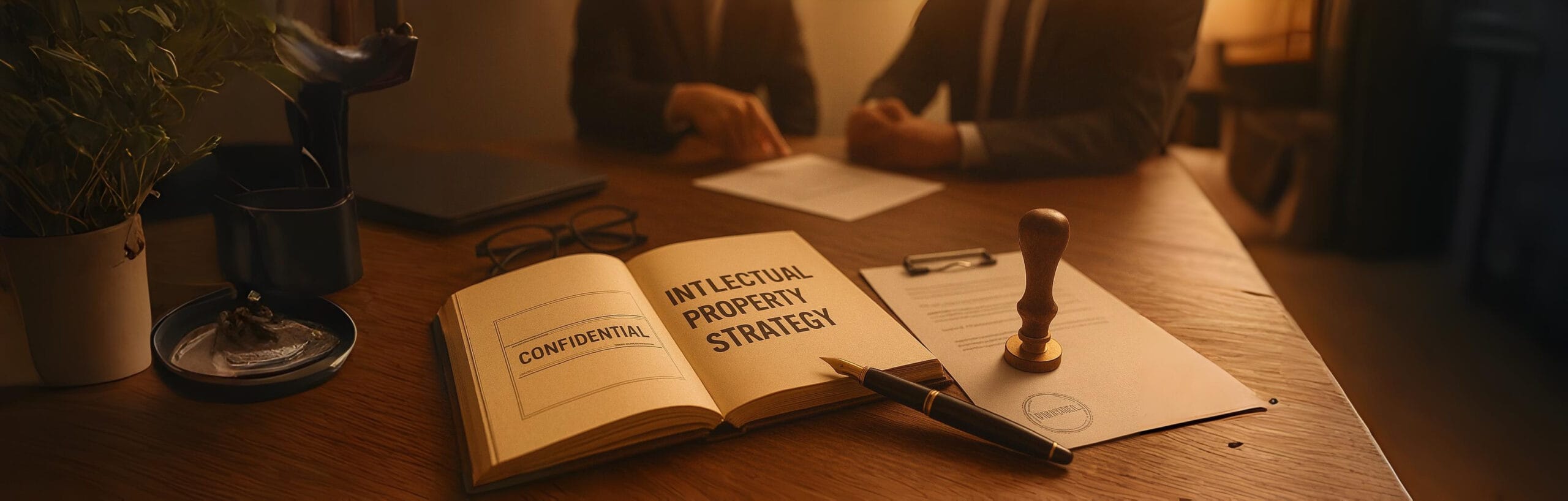 photo showing an open book labeled ‘Confidential’ and ‘Intellectual Property Strategy’ on a wooden desk with a pen, seal, and documents, while two blurred businesspeople discuss in the background, symbolizing the right way to plan and protect intellectual property (IP).