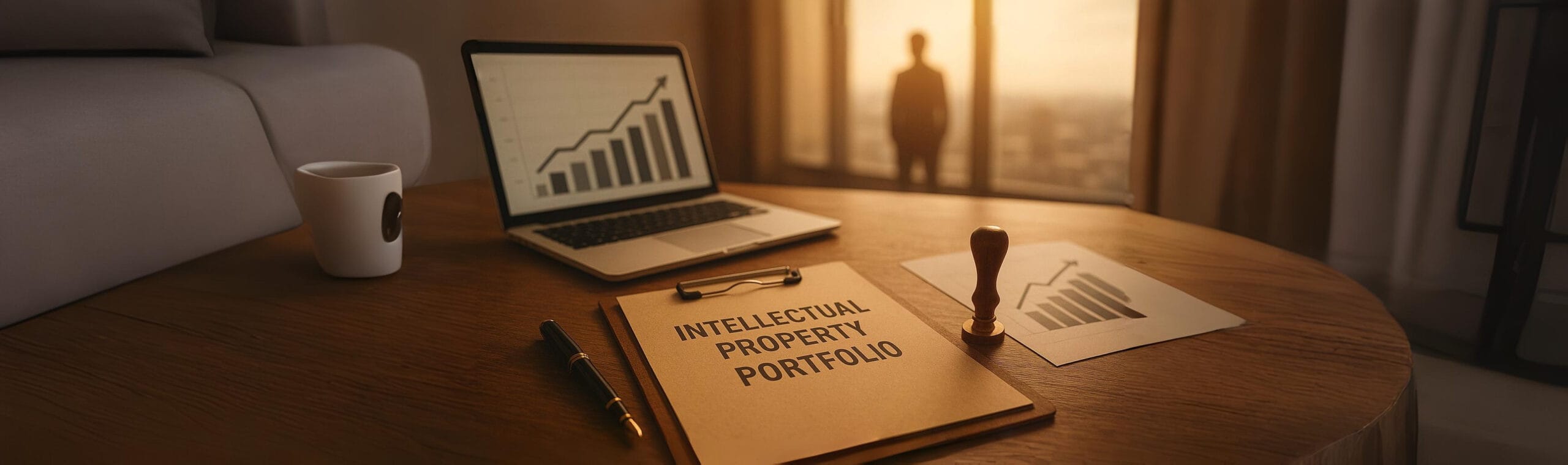 Photo showing an Intellectual Property Portfolio document on a wooden desk beside a laptop with growth charts and a seal, while a blurred businessperson looks out the window in the background, symbolizing business growth through intellectual property protection.