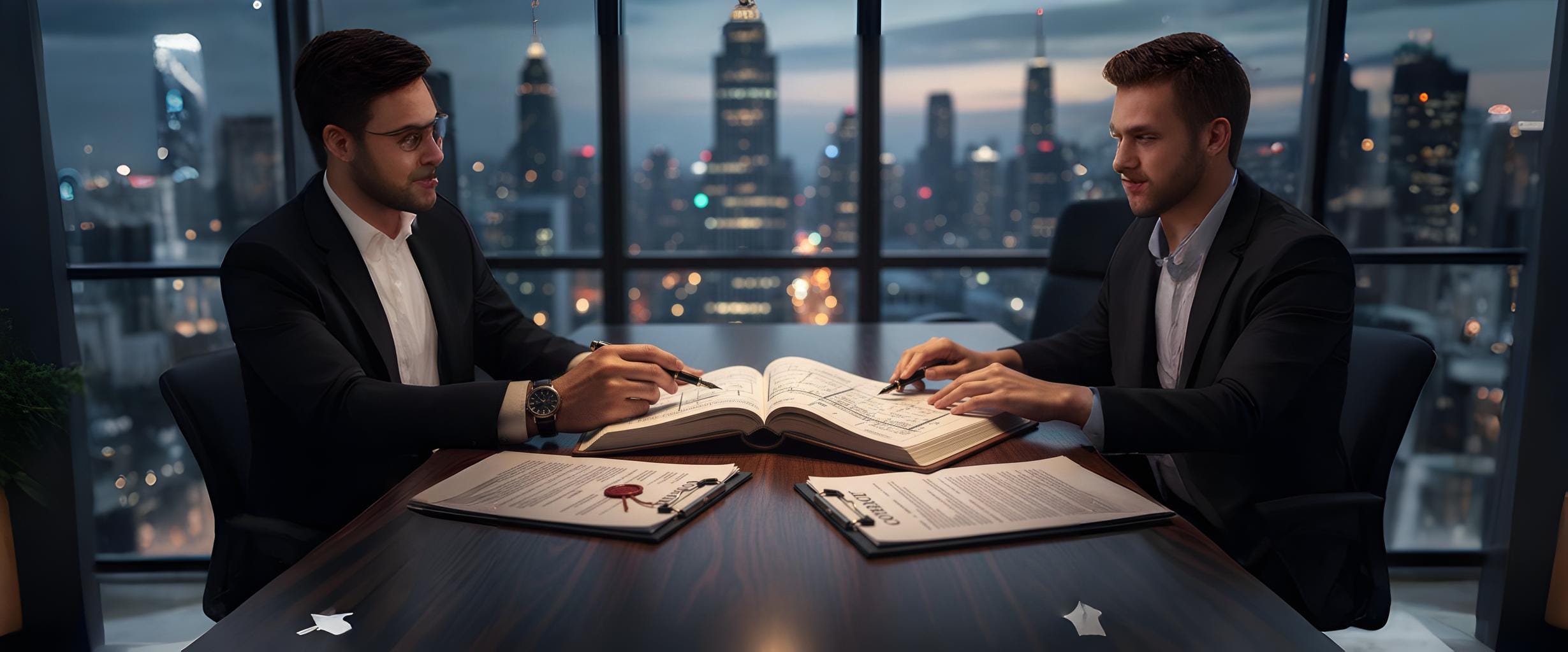 Close-up of an experienced mentor (or attorney) and an entrepreneur reviewing business documents on a desk with a cityscape in the background, symbolizing strategic planning, knowledge transfer, and proactive legal guidance for building a resilient startup.