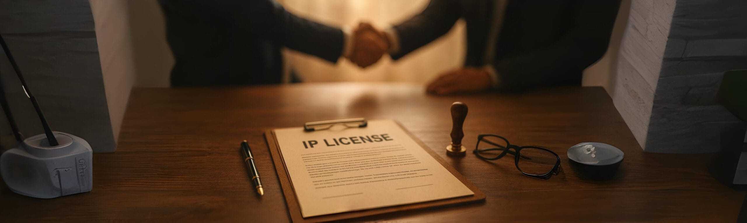 Photo of an IP license agreement on a wooden desk with a pen and seal in focus, while two blurred business people shake hands in the background, symbolizing successful intellectual property licensing negotiations.