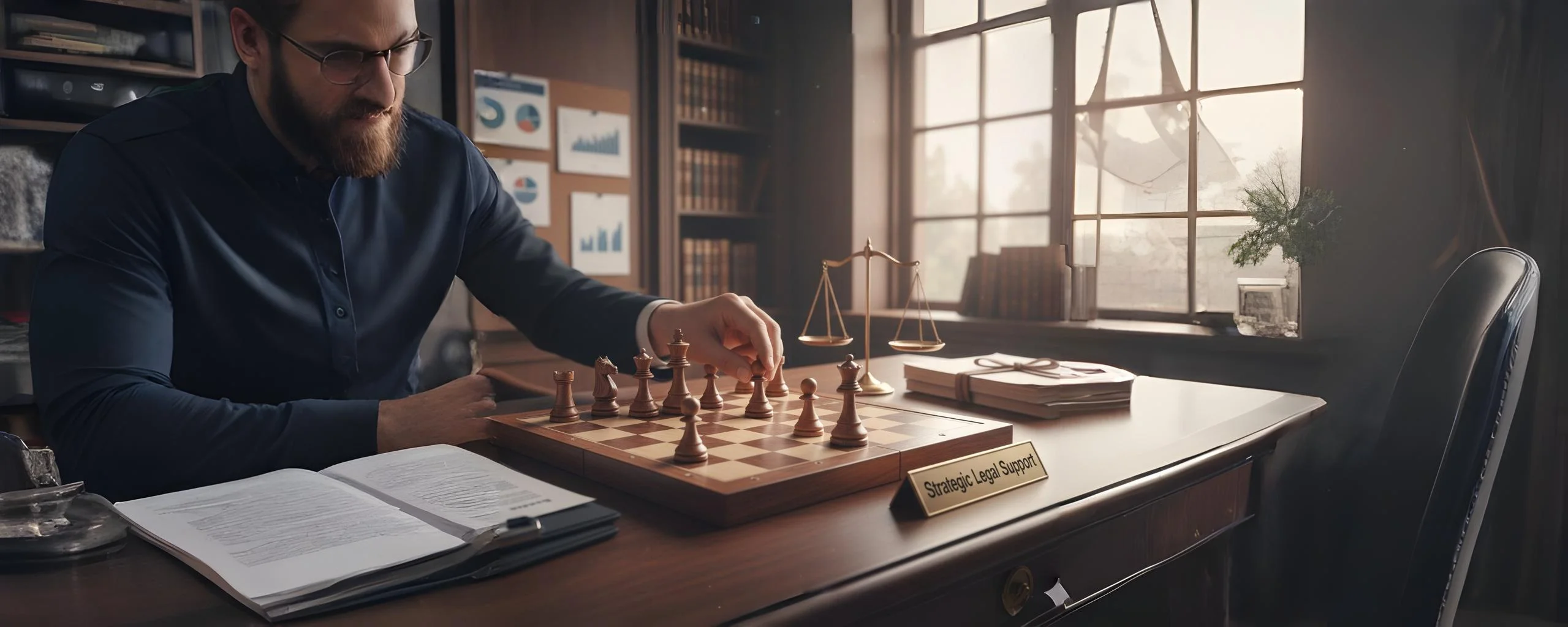 Businessman playing chess on a classic wooden desk in an office, with a scale of justice and documents nearby, symbolizing strategic legal support in entrepreneurship.