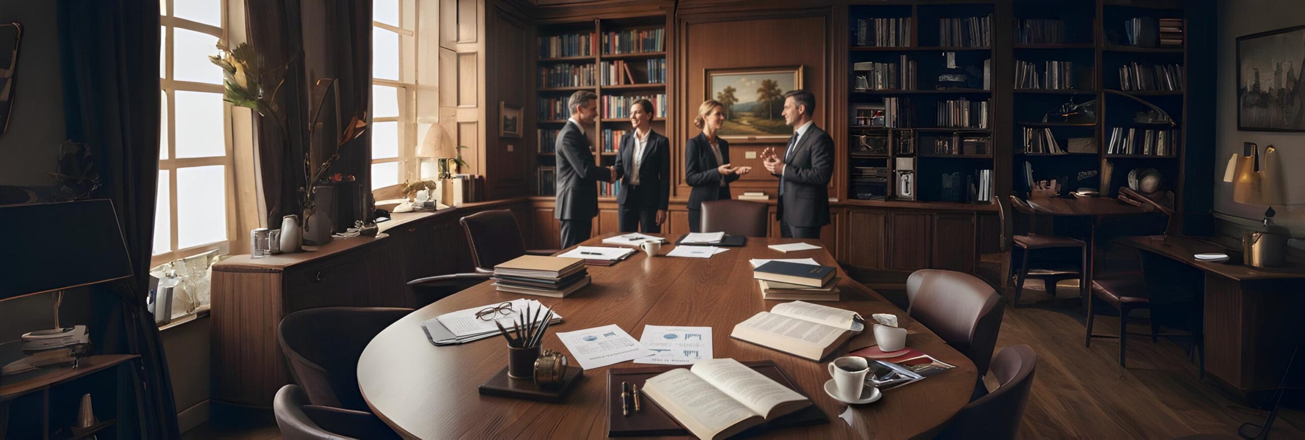 Professional entrepreneurs shaking hands over a table covered in strategic documents and plans, symbolizing trust, collaboration, and influence in a business environment.