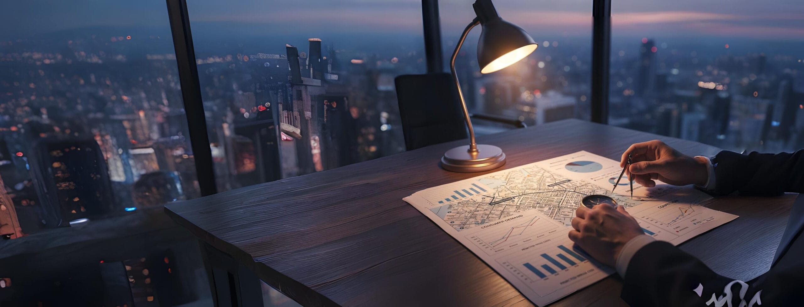 Entrepreneur's hands analyzing a business map overlaid with financial graphs and competitor data, using a compass to strategize, symbolizing thorough market research and financial planning as a strong foundation for a new business.