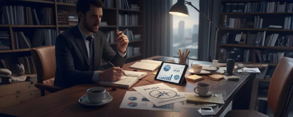 Entrepreneur intently writing notes and analyzing strategy on a desk, symbolizing the crucial ability to learn, adapt, and pivot while focusing on long-term business goals and legal guidance.