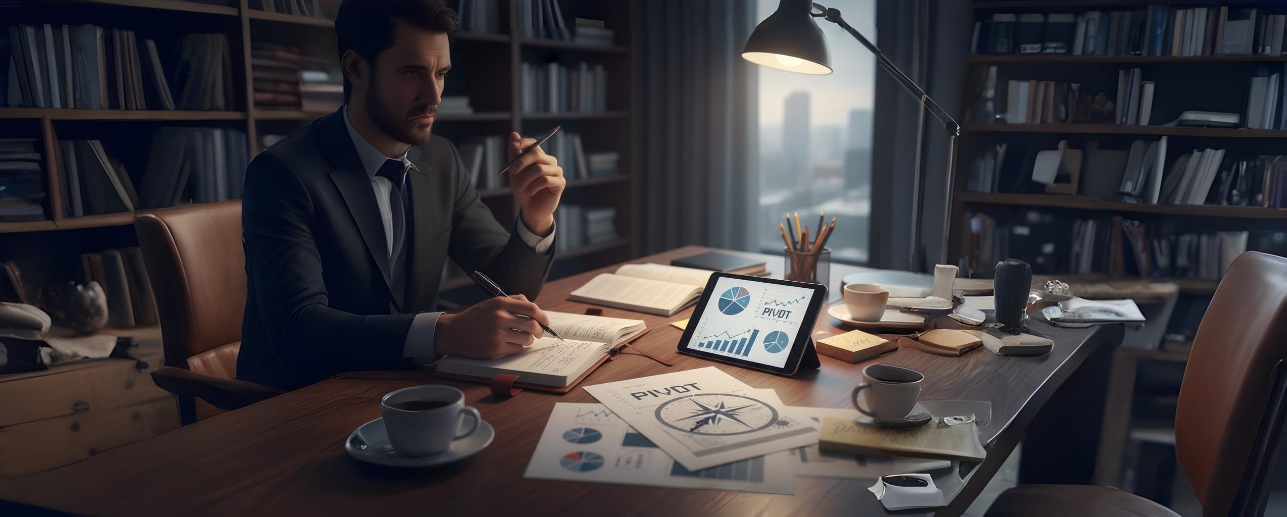 Entrepreneur intently writing notes and analyzing strategy on a desk, symbolizing the crucial ability to learn, adapt, and pivot while focusing on long-term business goals and legal guidance.