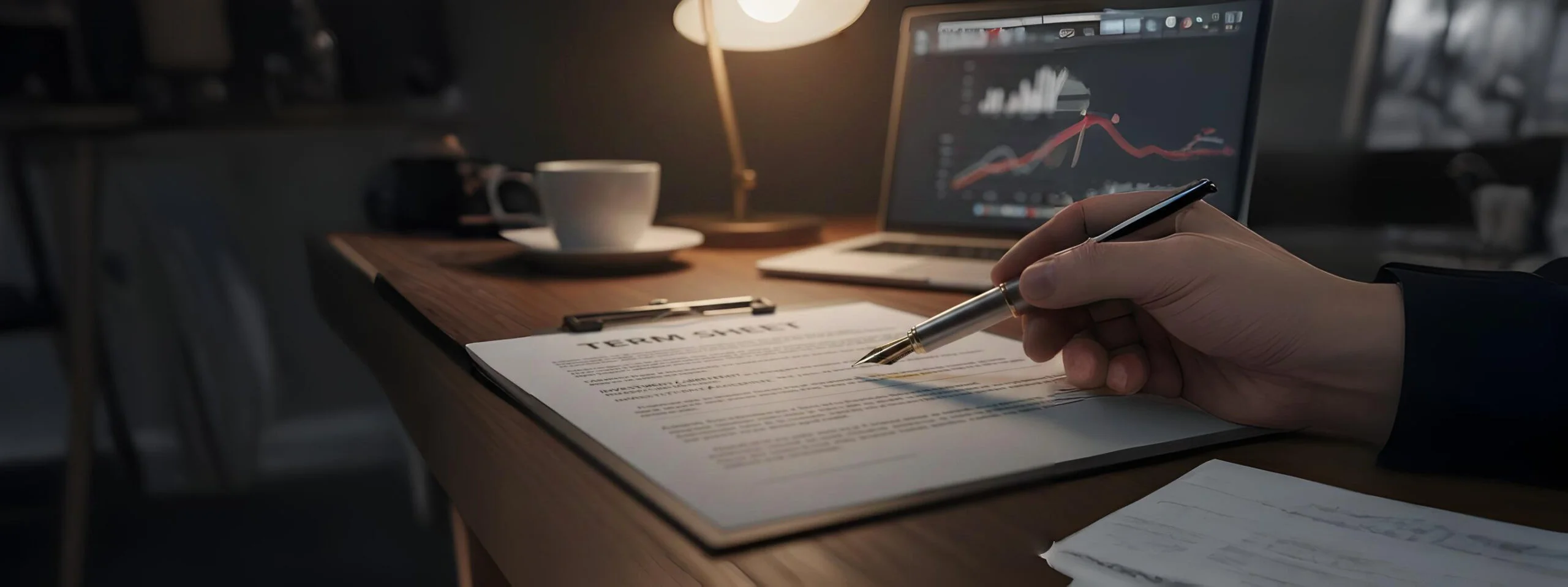 Close-up image of a hand using a fountain pen to review a legal document (Term Sheet) on a desk, with a laptop displaying financial charts in the background. The visual represents the critical moment of negotiating investment terms, due diligence, and legal readiness for technology startup funding.