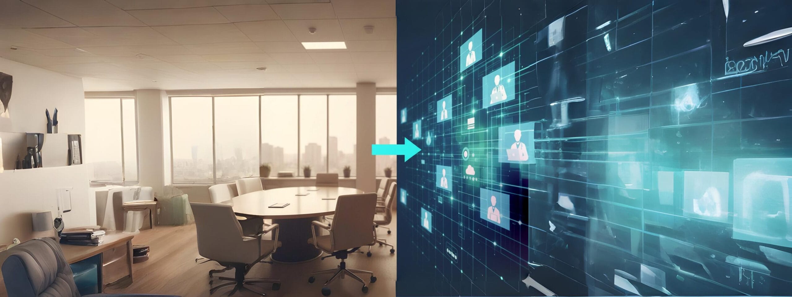Visual representation of the shift from traditional face-to-face (F2F) office settings to a dynamic, virtual work environment dominated by video conference windows, symbolizing the adoption of remote work and digital technology post-pandemic.