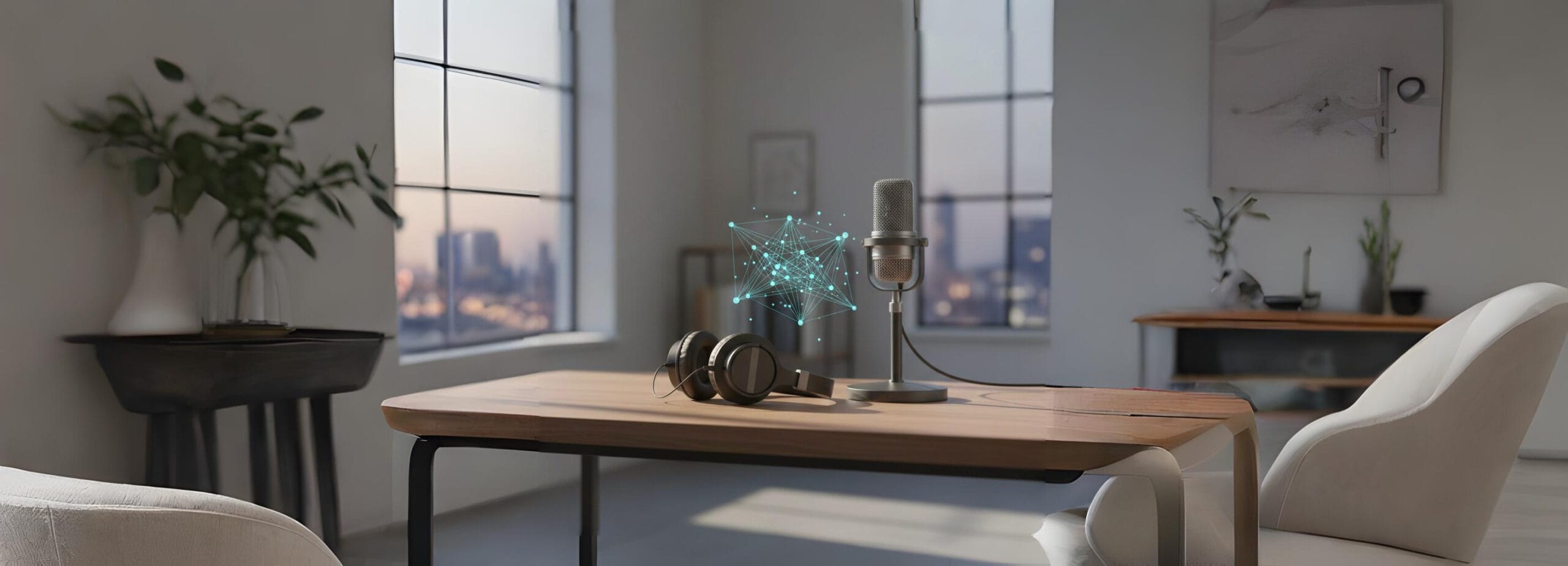 A professional microphone and headphones resting on a minimalist desk, connected by a subtle digital network, symbolizing a remote interview and communication realities of telemedicine during a pandemic.