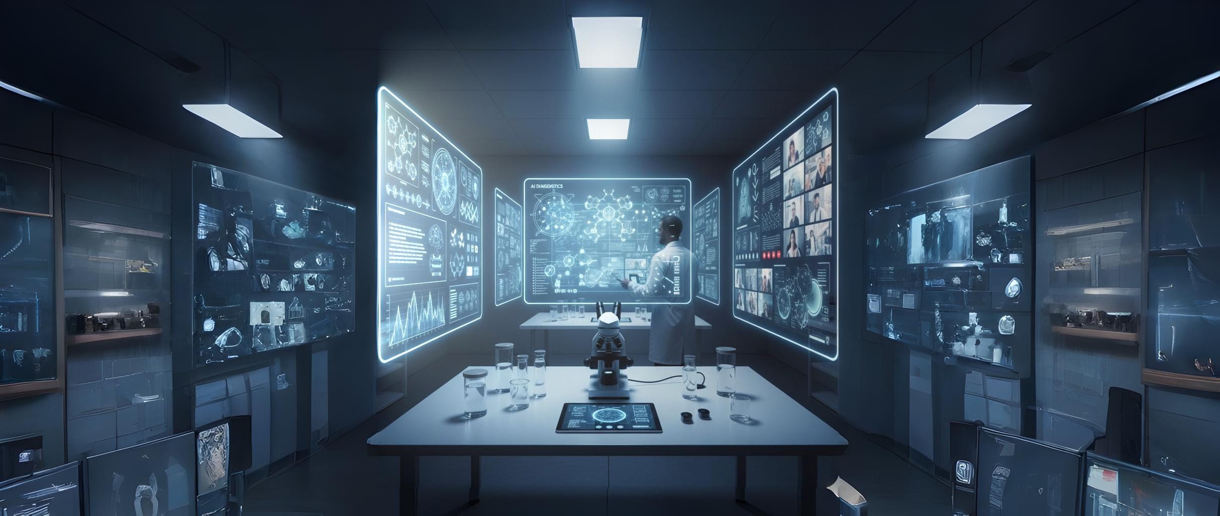 Interior of a modern medical research laboratory with screens displaying patient data, diagnostic charts, and video calls, symbolizing the broad impact and future innovations of Virtual Medicine and data analysis.