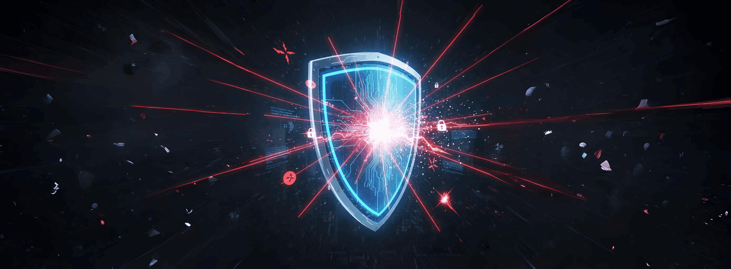 A glowing, futuristic digital shield deflecting a barrage of red warning icons and binary code, visually representing protection against phishing, hacking, and social engineering threats.