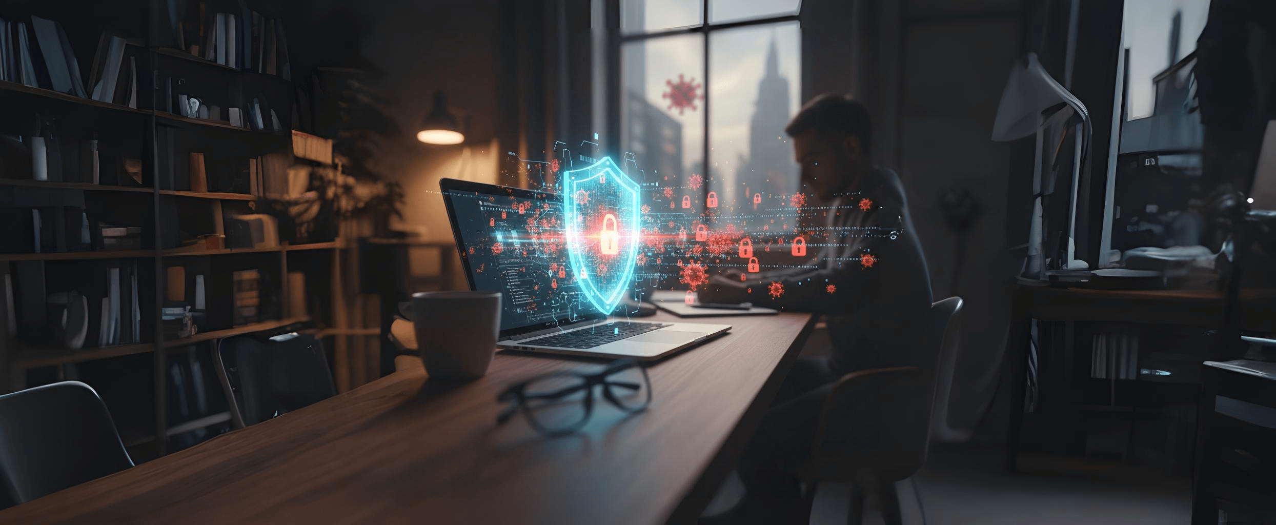 Home office setting with a laptop showing a glowing digital shield and security graphics projected outwards, symbolizing the essential security measures needed for working from home during the COVID-19 crisis, particularly for healthcare and life sciences organizations.
