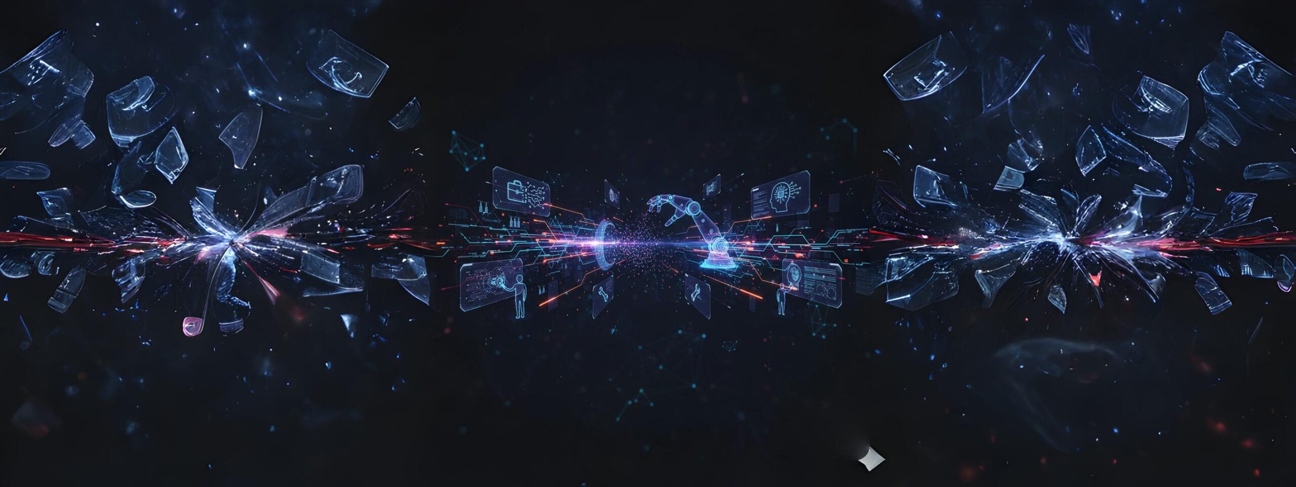 Abstract visualization of a robotic arm or automated mechanism intersecting with silhouettes of factory workers or data flow lines, symbolizing the dramatic automation and transformation of human jobs by robotics and AI.