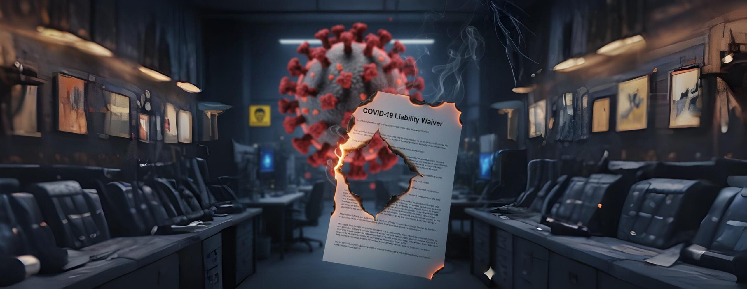 A burning and torn 'COVID-19 Liability Waiver' document, with a large, blurred model of the COVID-19 virus in the background, symbolizing the limitations and ineffectiveness of such waivers against liabilities during a pandemic.