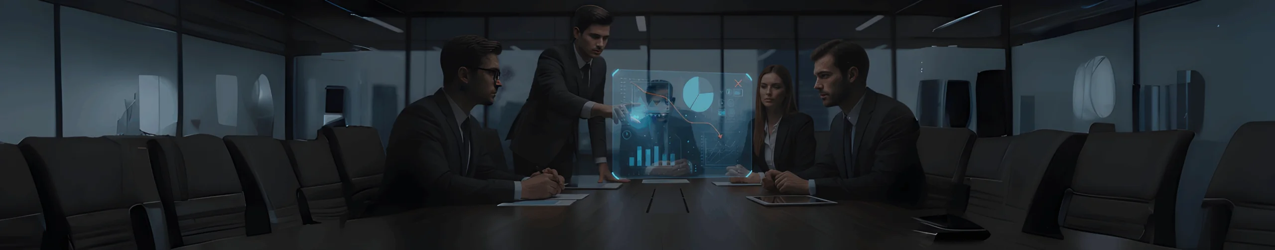 Business professionals in a boardroom discussing market strategy and financial data displayed on a glowing, futuristic transparent screen.