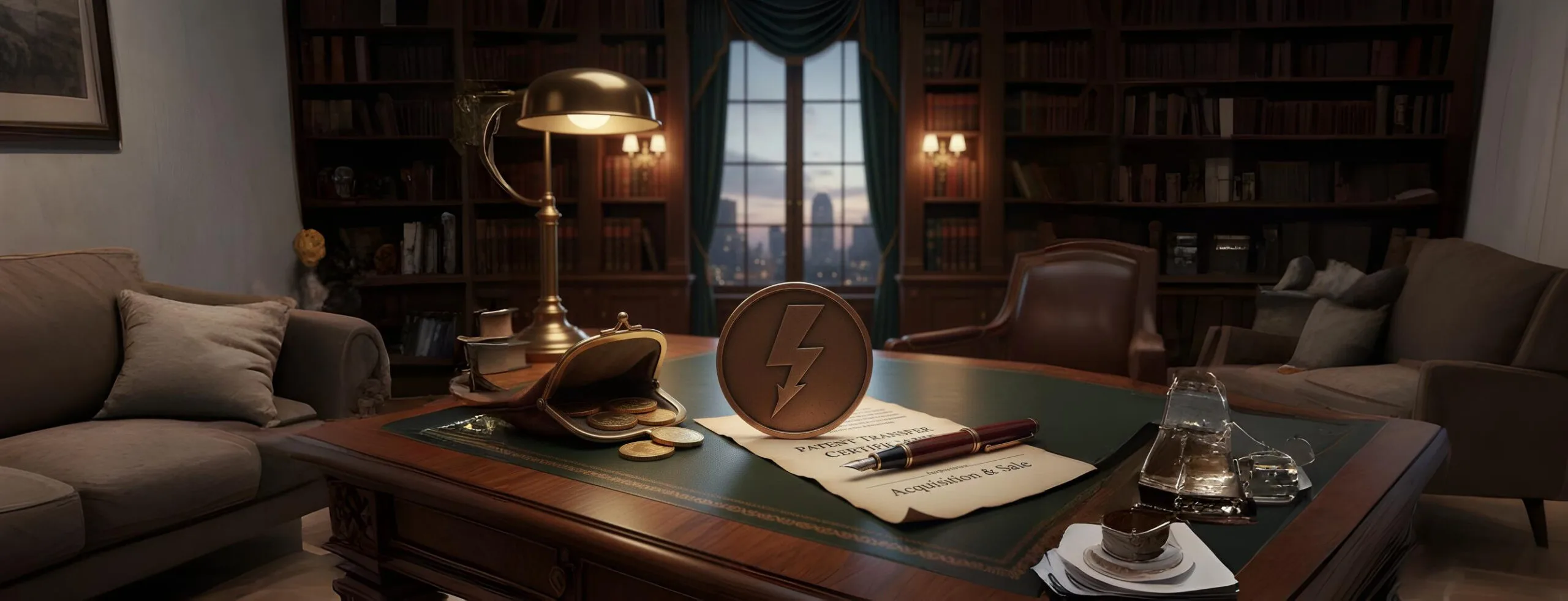A classic wooden desk setup featuring a bronze patent seal with a lightning bolt, an antique fountain pen resting on a transfer document, and coins, symbolizing the acquisition and sale of Patents for Humanity Acceleration Certificates.