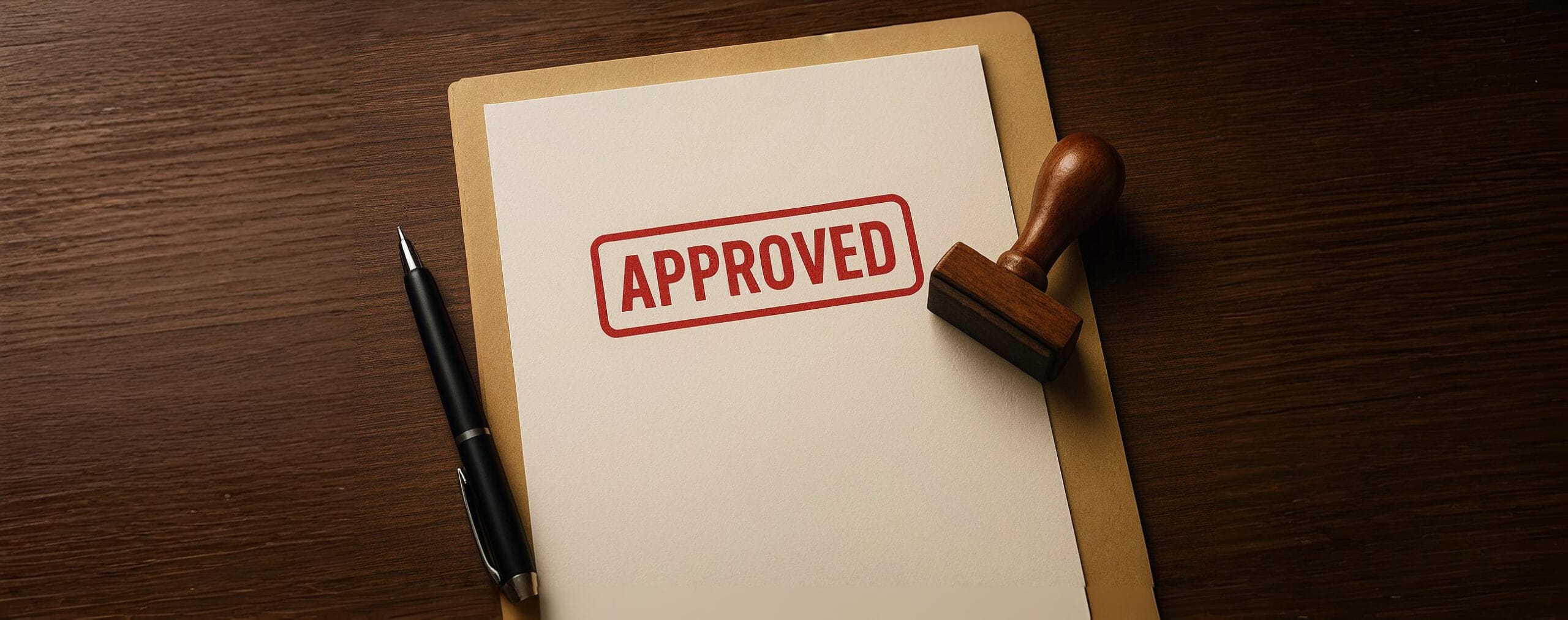 Legal document with approved stamp on wooden desk symbolizing FDA IND application review and regulatory approval process