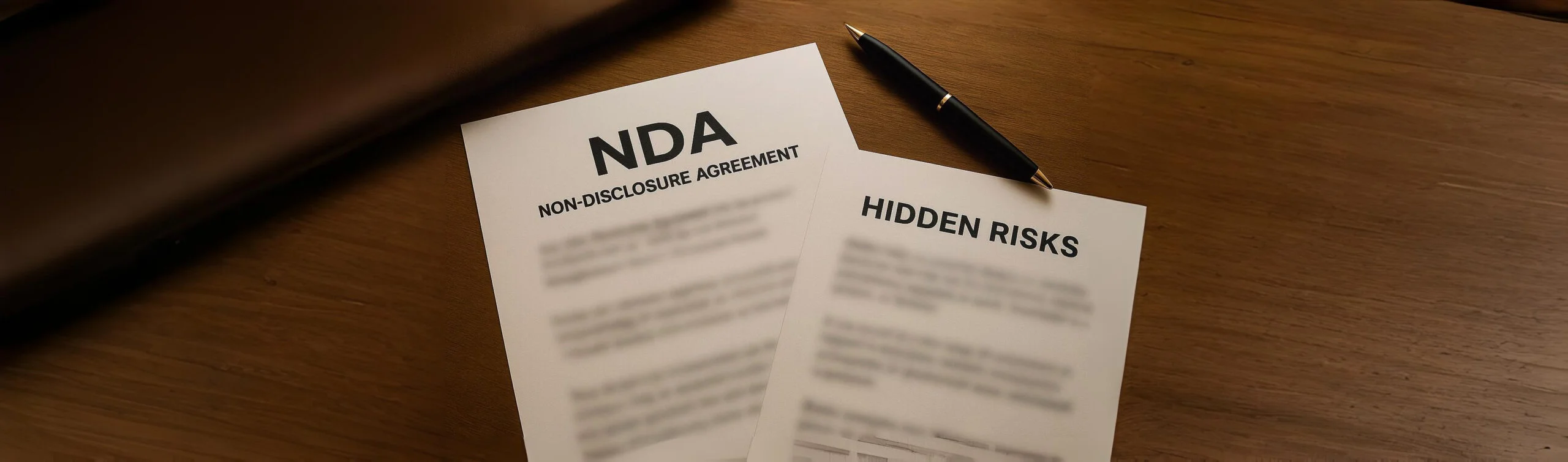 Blurred NDA and Hidden Risks documents with clear headings and a pen on a wooden desk.