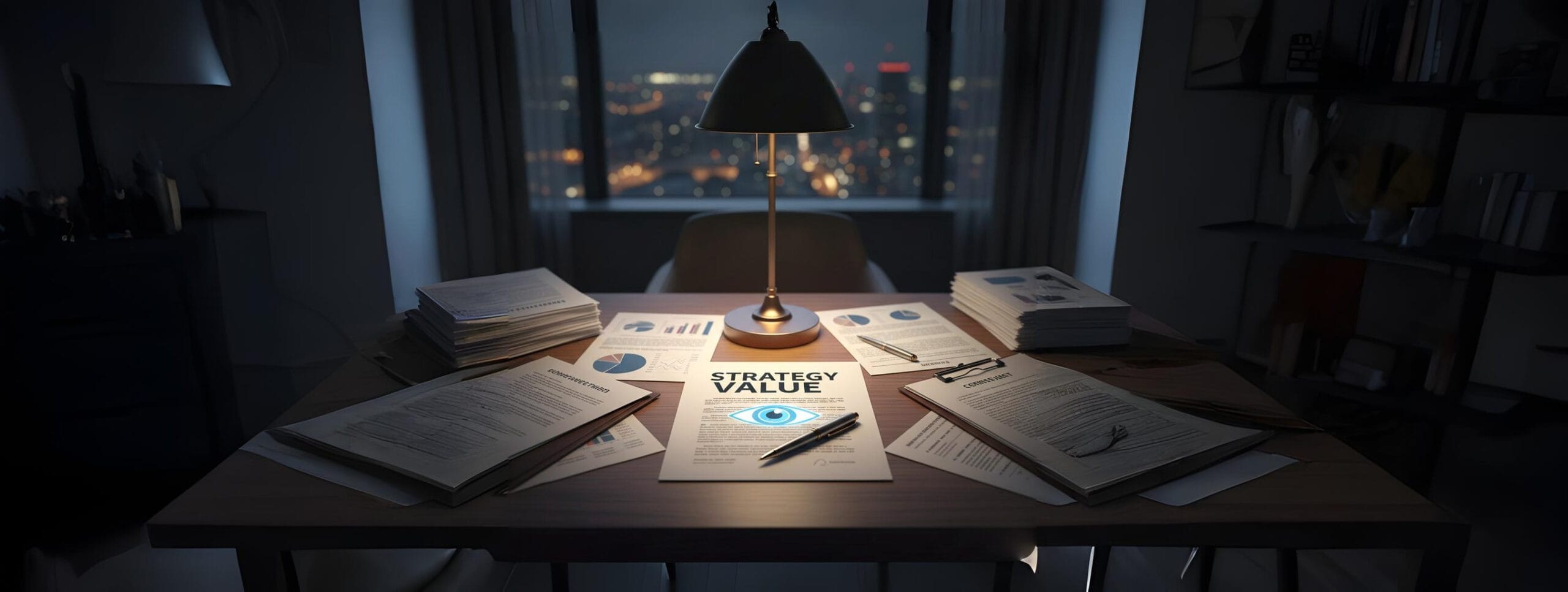 Desk filled with business documents and financial charts, with a central document highlighted 'Strategy Value' alongside an eye icon, symbolizing the crucial shift from affordability to long-term value in strategic planning with outside counsel.