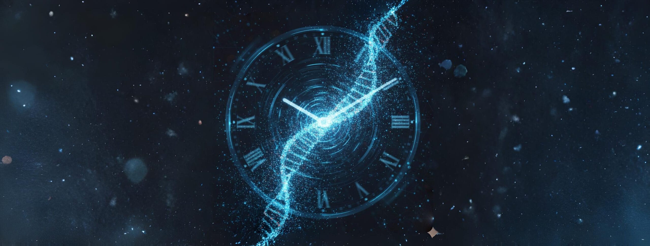 A rapidly spinning, abstract clock face with a digital DNA helix or protein structure emerging from its center, engulfed by glowing AI code, symbolizing the immense acceleration of drug discovery and structural biology achieved through Artificial Intelligence and platforms like AlphaFold.