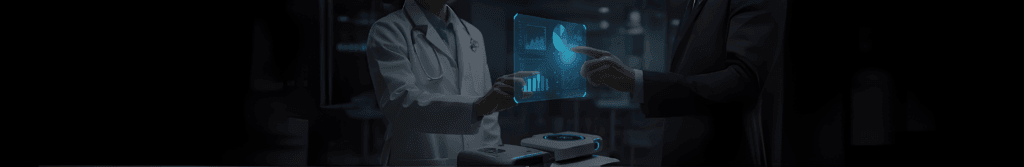 Doctor and professional collaborating, analyzing medical data and graphs on a futuristic transparent digital screen, symbolizing health technology and innovation.