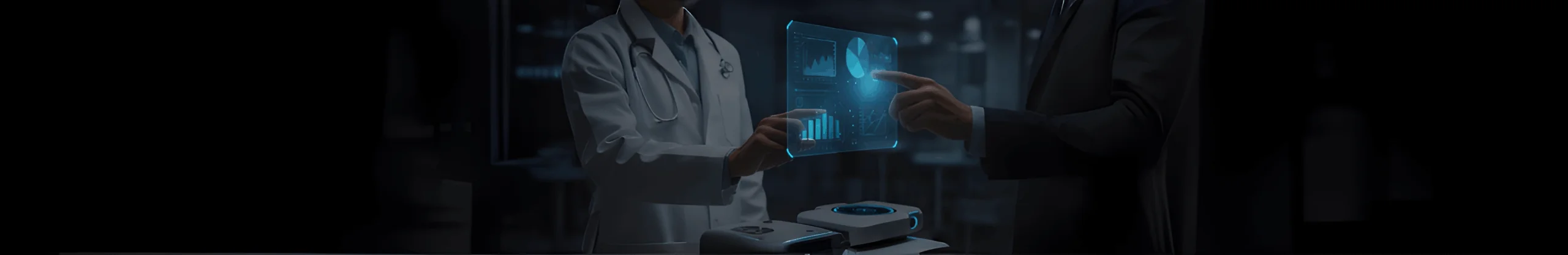 Doctor and professional collaborating, analyzing medical data and graphs on a futuristic transparent digital screen, symbolizing health technology and innovation.