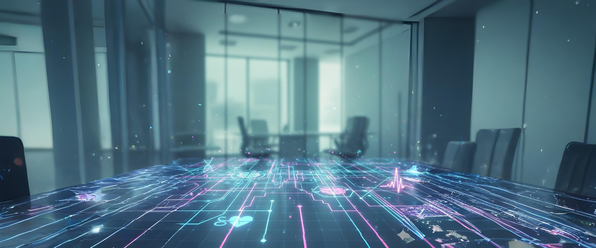 Modern office setting overlaid with a futuristic, glowing neural network and DNA graphics, symbolizing Artificial Intelligence (AI) innovation in healthcare and life sciences, and representing strategic legal counsel.