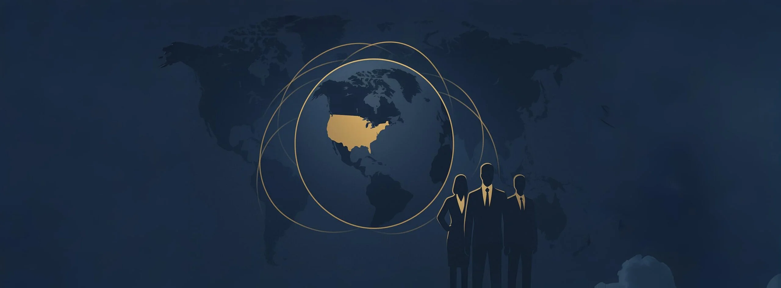 Dark blue world map with the United States highlighted in gold and golden connection lines symbolizing global & USA business expansion.