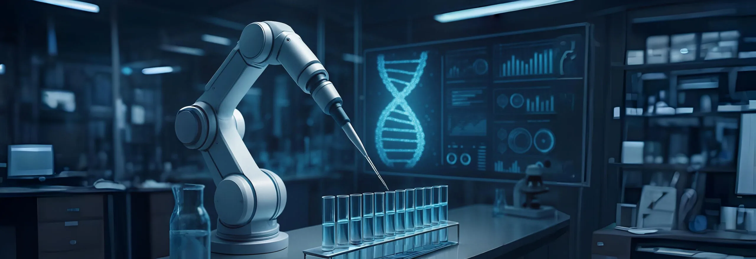 Modern biotech lab with robotic arm and scientists handling test tubes, representing AI-driven innovation in life sciences.