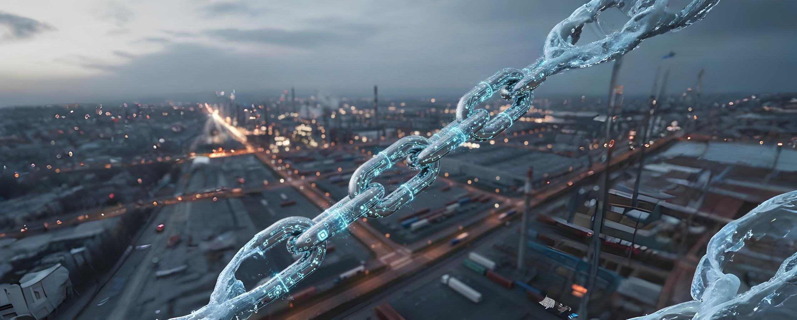 A robust metal supply chain link overlaid with glowing blue digital lines and chips, set against a blurred industrial background, symbolizing the technological fortification and resilience of the pharmaceutical supply chain against external vulnerabilities.