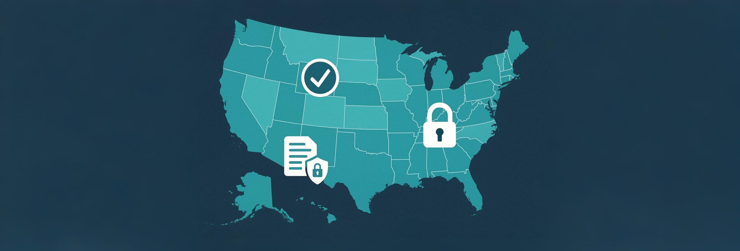 Illustrated map of the United States with highlighted states, symbolizing the comparison of different state-level data privacy laws.