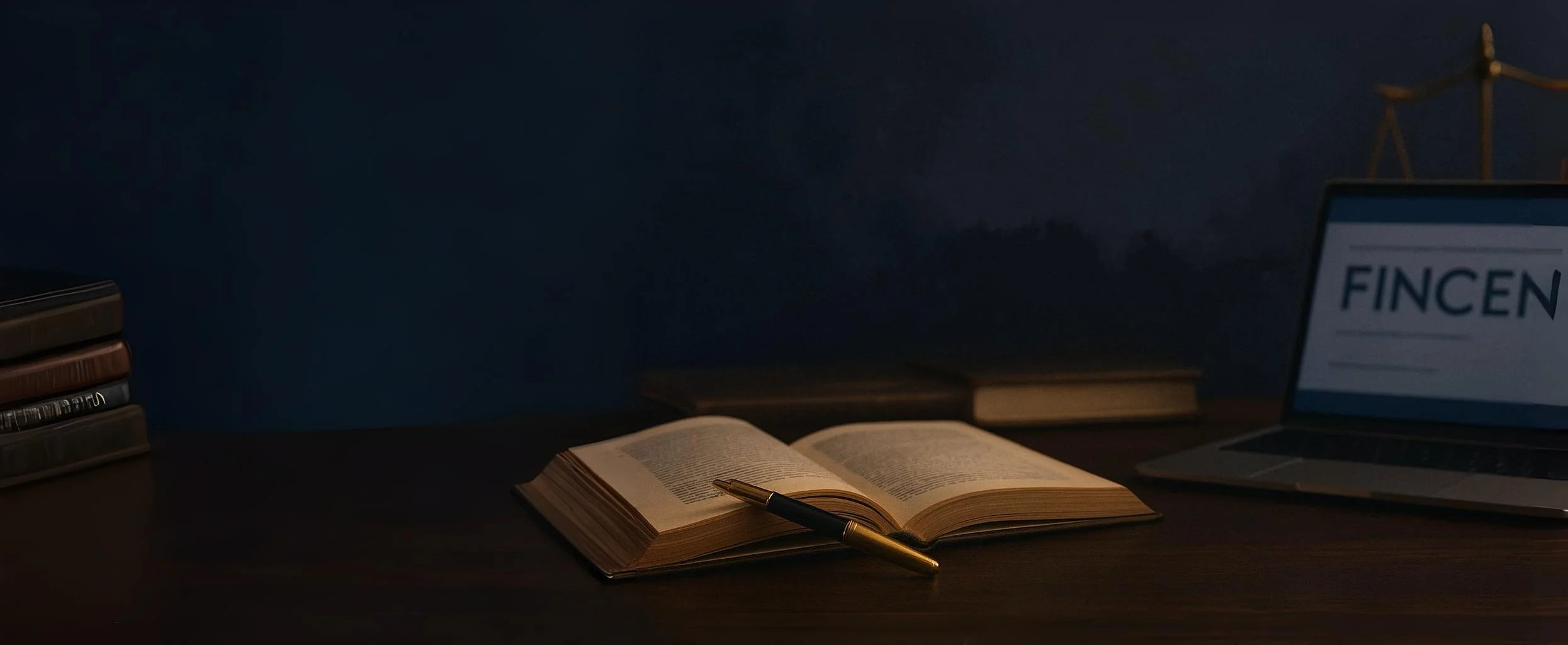 Open law book, pen, and laptop displaying the word FINCEN, symbolizing legal compliance and FinCEN ID registration