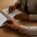 Startup founders reviewing and signing a business contract — illustrating key legal risks in contracts.