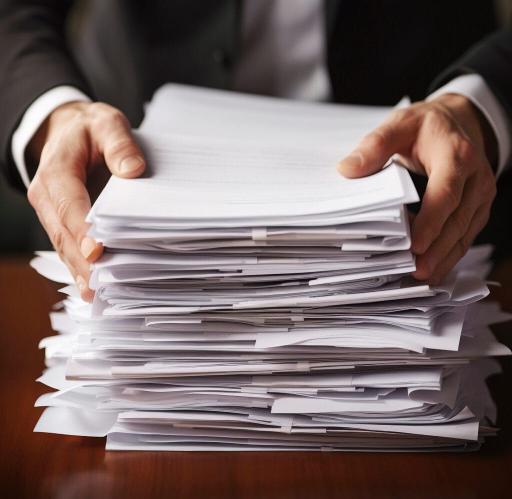 Attorney's hands holding a large stack of legal documents for corporate formation and business structuring