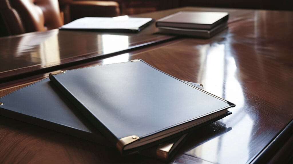 Close-up of leather-bound legal folders on a polished conference table, symbolizing contract review and negotiation documents.